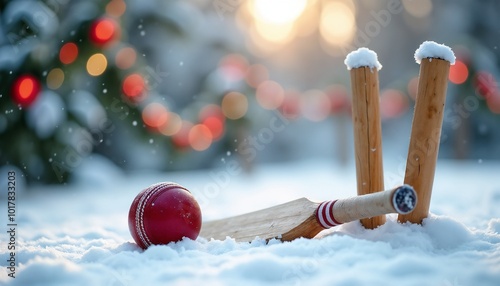 Cricket gear resting in the snow with soft bokeh background and warm sunlight, Boxing Day sports background, copy space photo