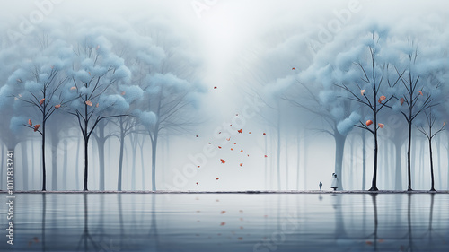 light white blue fog, a row of trees. watercolor abstract background late autumn, symbol landscape view cold light November, copy space blank blank