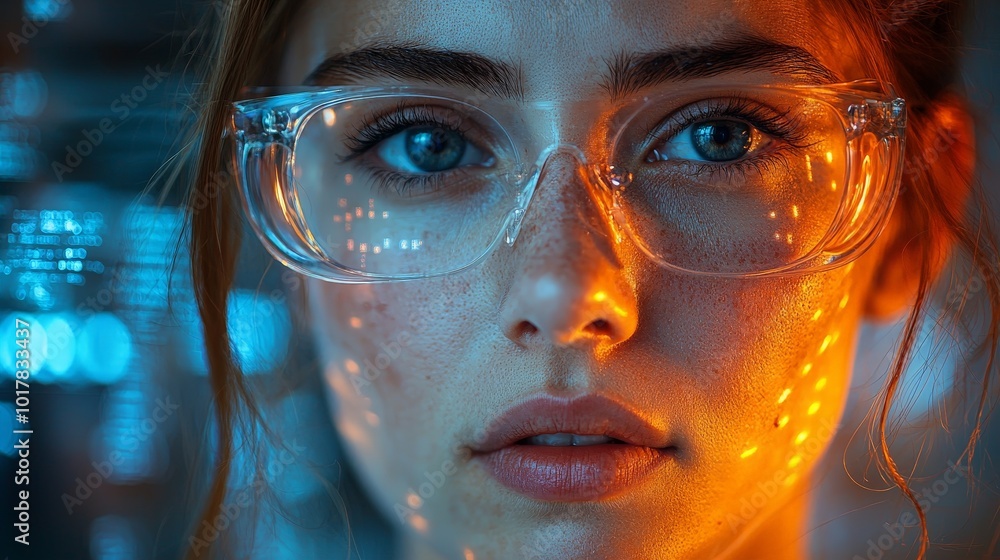 Close-up of a person with glasses, illuminated by blue and orange light. Close-up of a person with glasses, illuminated by blue and orange light.