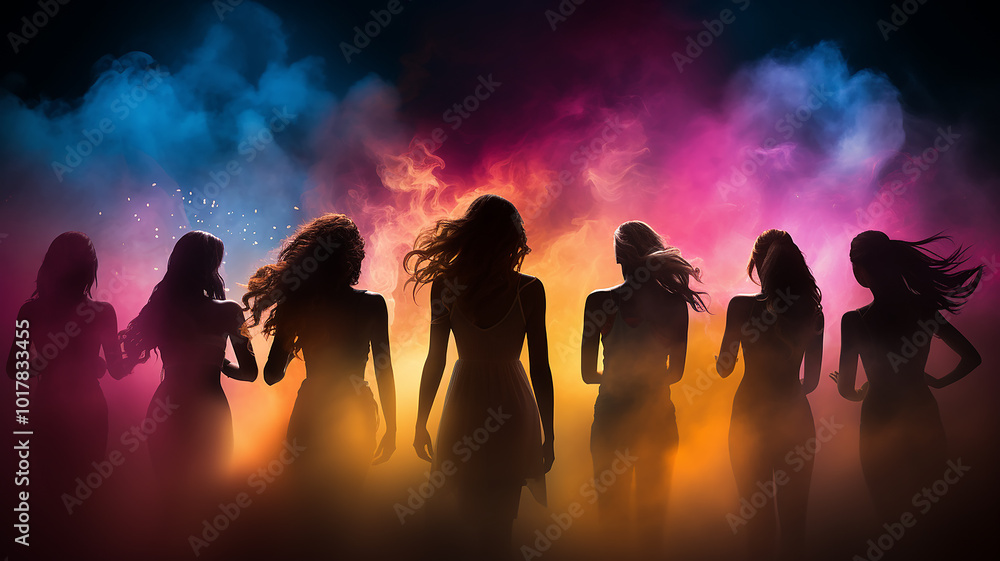 dancing girls in a nightclub, rays of multicolored light illumination, blurred abstract background view from the back at a concert or disco dancing girls in a nightclub, rays of multicolored light illumination, blurred abstract background view from the back at a concert or disco