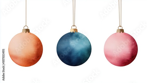 Three decorative Christmas ornaments in soft pastel colors, hanging delicately against a white background.