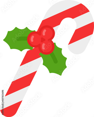 柊の飾りのついた、クリスマスのステッキキャンディーのアイコンのイラスト