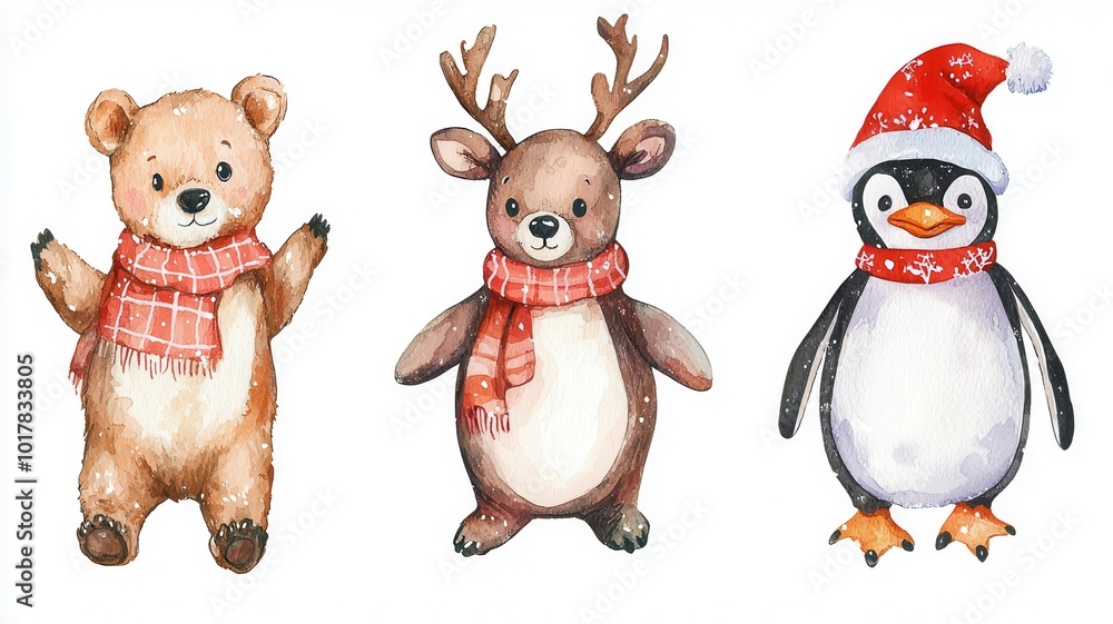 Obraz premium Cute winter animals: a bear, reindeer, and penguin, all wearing scarves, adding a festive touch to the holiday season.