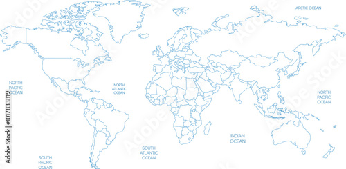 Outline World Map with Oceans Vector Illustration