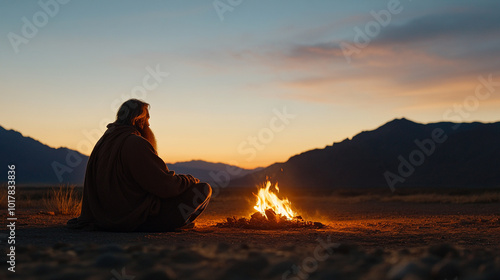 man sitting by a fire late at night in the desert