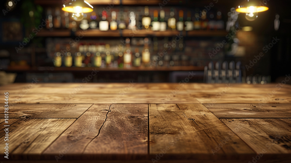 Empty wooden table top on blur light golden bokeh of cafe restaurant, bar in a dark background. for product Empty wooden table top on blur light golden bokeh of cafe restaurant, bar in a dark background. for product