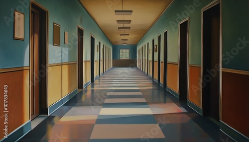 A Long, Empty Hallway with Doors and a Window at the End