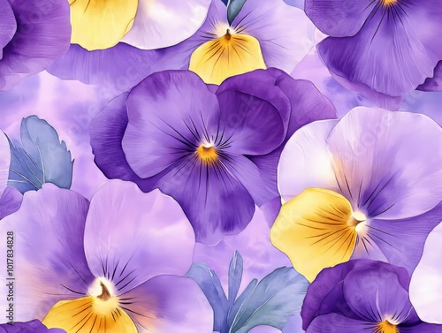 Seamless pattern of colorful pansy flowers in vibrant purple and yellow hues, creating a lively and cheerful pattern.