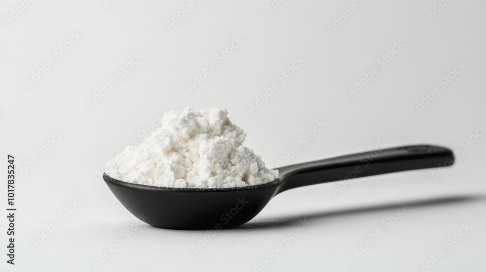 A minimalist shot of a measuring spoon filled with arginine creatine against a pure white background, symbolizing fitness and nutrition.