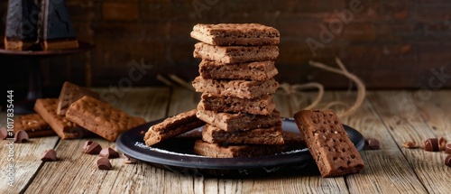 Stack of Chocolate Cookies on a Wooden Table