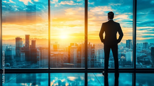 A silhouette of a businessman gazing at a vibrant sunset over a city skyline through large glass windows.