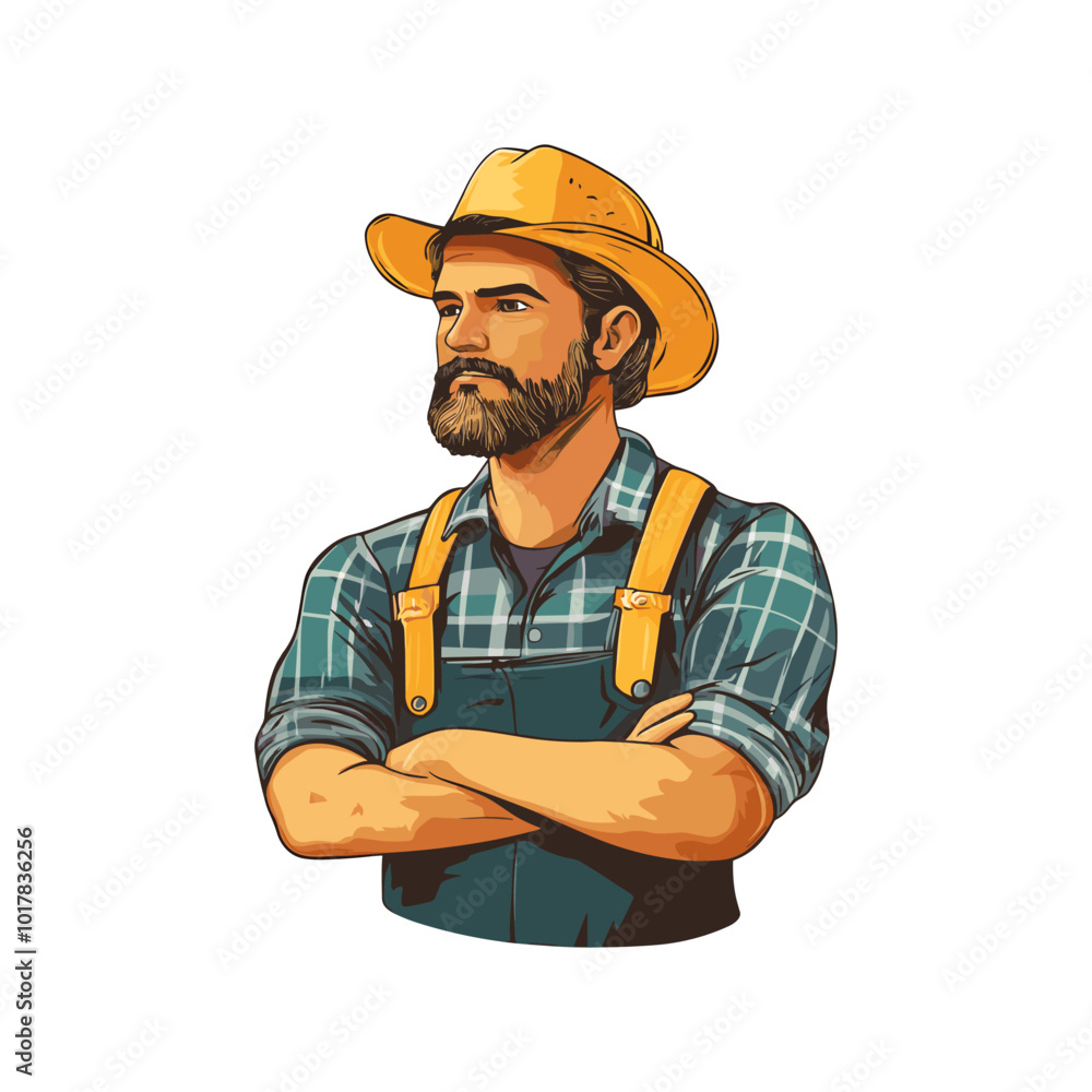 Cheerful yound farmer in a hat with a mustache on white background sketch hand drawn logo. vector illustratiion of farmer vintage style portrait Cheerful yound farmer in a hat with a mustache on white background sketch hand drawn logo. vector illustratiion of farmer vintage style portrait