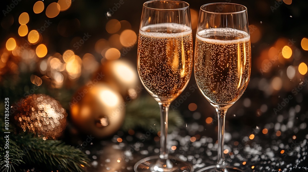 Two glasses of sparkling wine with golden Christmas ornaments and pine branches. Two glasses of sparkling wine with golden Christmas ornaments and pine branches.