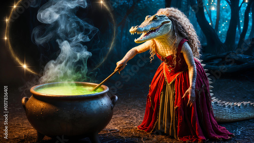 Cuca. Fantastic creature from Brazilian folklore that frightens children. Female alligator stands near a rustic old-fashioned cauldron with boiling green-glowing potion