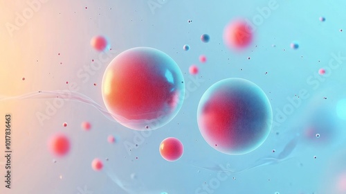 Two cells joining and fusing, symbolizing the process of cell fusion, and an chromosome showing the molecules in cells in the body. A light cinematic dramatic particle background