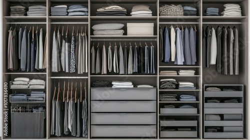 A photorealistic, stylish wardrobe interior with modern design elements and perfectly organized shelves and compartments