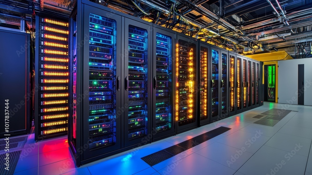 A modern data center filled with servers, showcasing colorful lights and organized racks for efficient data processing. A modern data center filled with servers, showcasing colorful lights and organized racks for efficient data processing.