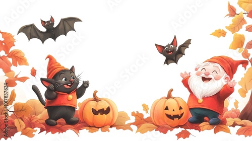 A dwarf, black cat, flying bats, and a playful pumpkin with swirling leaves in this Halloween cartoon set