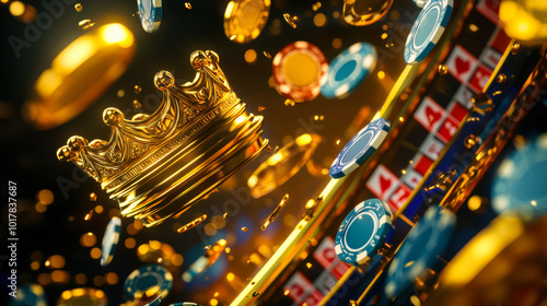 Brightly lit casino interior with swirling coins amidst colorful slot machines at night photo