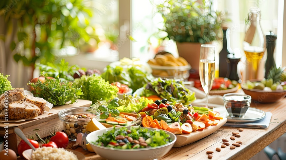 The table is arranged with colorful fruits, crisp vegetables, various nuts, and healthy meals, showcasing wholesome eating options. Generative AI The table is arranged with colorful fruits, crisp vegetables, various nuts, and healthy meals, showcasing wholesome eating options. Generative AI