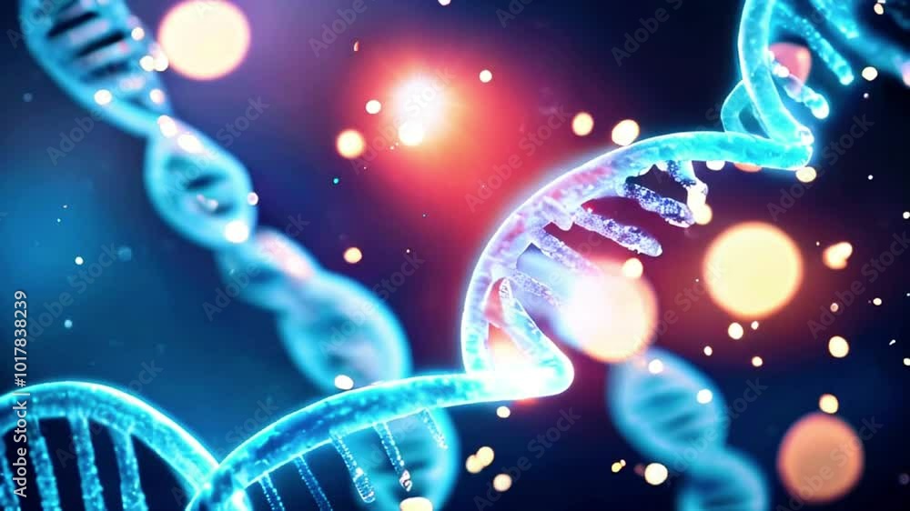 Close-up of a DNA helix against a dark background with blurred lights. Close-up of a DNA helix against a dark background with blurred lights.