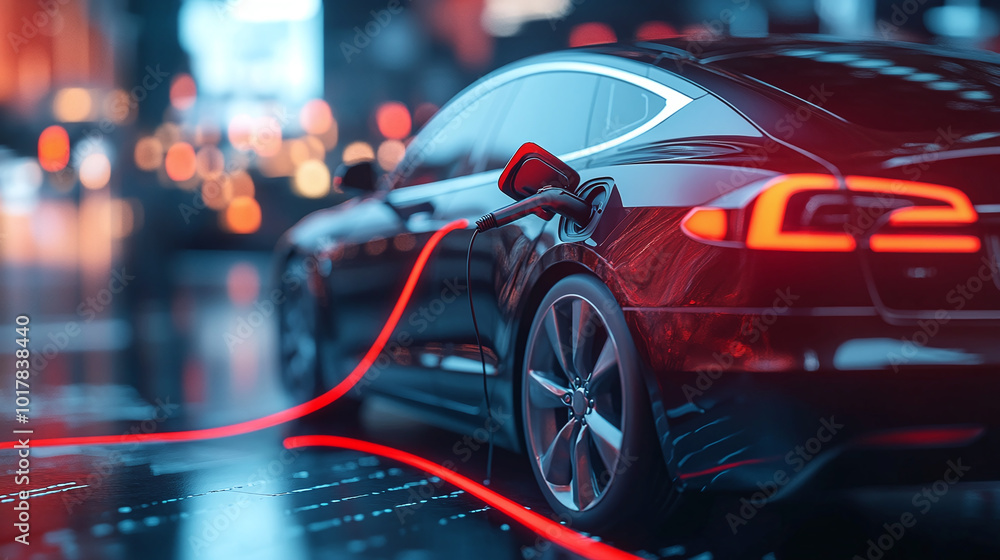 Electric vehicle with charging cable and a red downward trend line indicating a drop in ev sales Electric vehicle with charging cable and a red downward trend line indicating a drop in ev sales