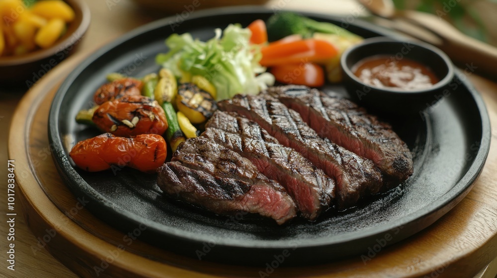 A sizzling plate of grilled beef served on a vintage wooden table, accompanied by fresh vegetables and side dishes, ready for a feast A sizzling plate of grilled beef served on a vintage wooden table, accompanied by fresh vegetables and side dishes, ready for a feast