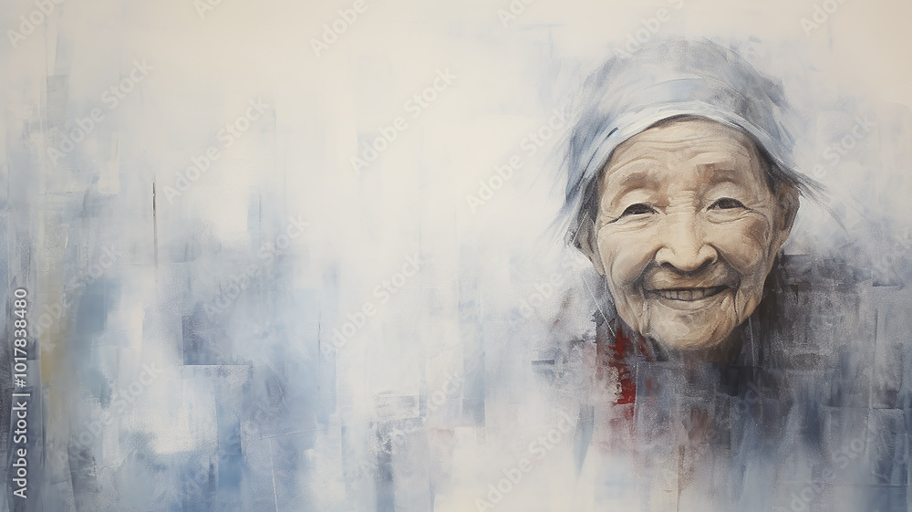 portrait of an old Asian, oriental woman, wise grandmother, art work painting with paint background copy space impressionism style portrait of an old Asian, oriental woman, wise grandmother, art work painting with paint background copy space impressionism style