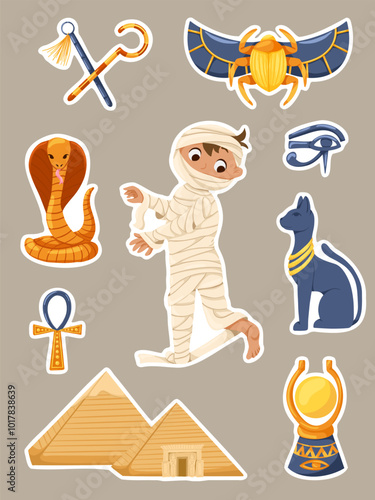 Cartoon Egypt elements. Halloween stickers with a mummy boy character, pyramids, cat, cobra, scarab, egypt symbols vector set. Illustration of a child in a Halloween mummy costume