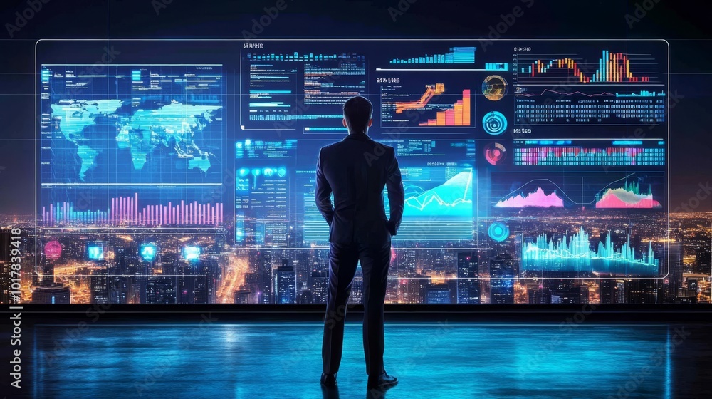 A person stands before a futuristic display of data analytics and global information, overlooking a cityscape at night. A person stands before a futuristic display of data analytics and global information, overlooking a cityscape at night.