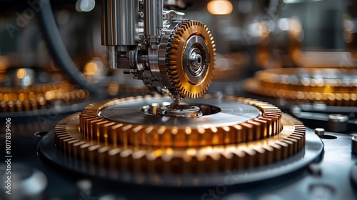 Close-up of intricate mechanical gears in a machine, showcasing precision engineering.