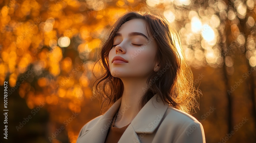 portrait of a young, attractive woman with closed eyelids in a light-colored coat standing in front of lovely autumnal trees in the sun portrait of a young, attractive woman with closed eyelids in a light-colored coat standing in front of lovely autumnal trees in the sun