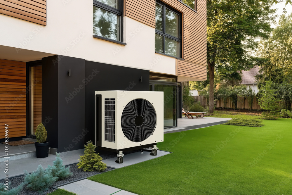 Exterior view of a modern house with a heat pump installed outside, lawn in the foreground, large windows, and wooden exterior panels. Surrounding trees and greenery. Exterior view of a modern house with a heat pump installed outside, lawn in the foreground, large windows, and wooden exterior panels. Surrounding trees and greenery.