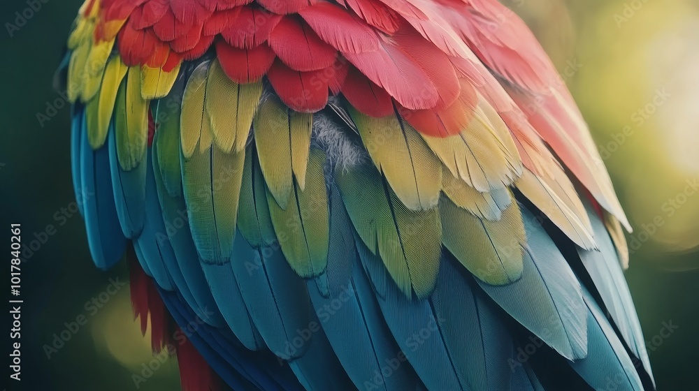 A close-up of a parrot's vibrant feathers showcasing a blend of red, yellow, and blue hues. A close-up of a parrot's vibrant feathers showcasing a blend of red, yellow, and blue hues.