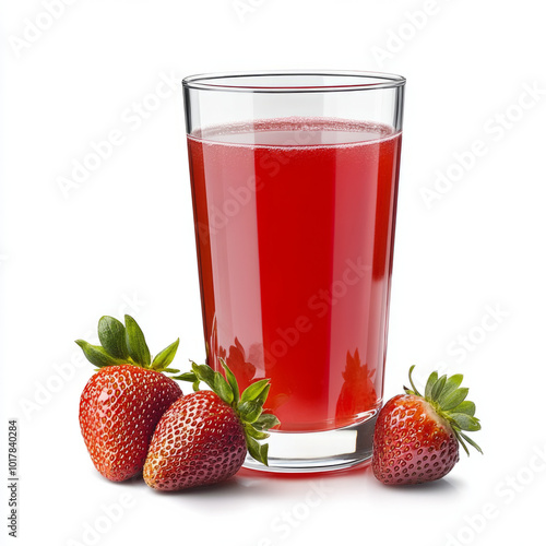 Strawberry juice stock photo, Glass of strawberry juice and strawberries, Isolated on white background