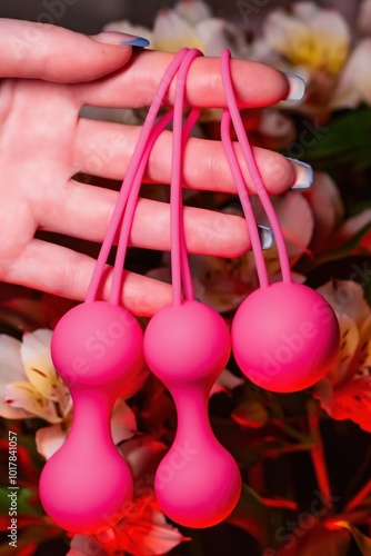 Woman's hand holds pink Kegel balls and Ben Wa balls on a background of flowers. Vaginal balls in a woman's hand. Sex toys Geisha Balls, Products for intimate stores