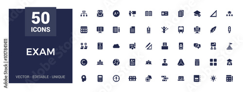 Exam solid icons set. Related to test, score, quiz, results. Glyph icon collection for web and ui. Filled icon pack, Vector illustration. Editable and pixel perfect.