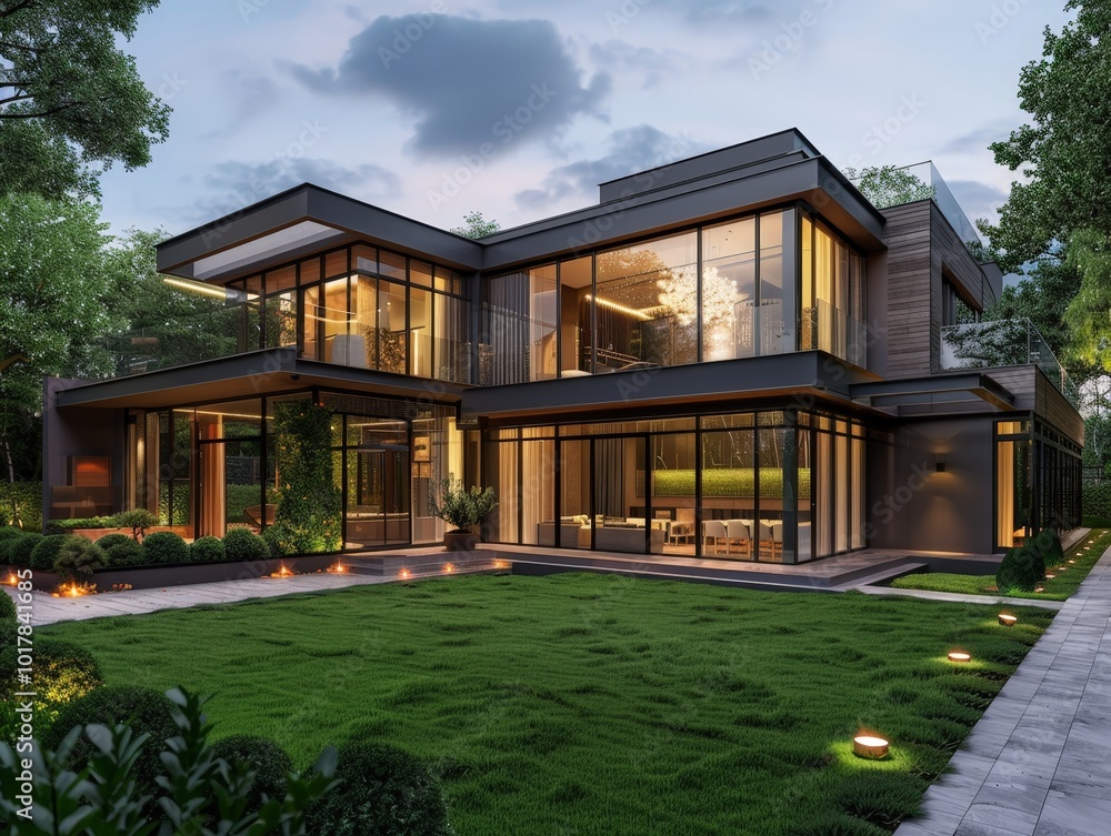 Modern House with Large Windows and Green Lawn Modern House with Large Windows and Green Lawn