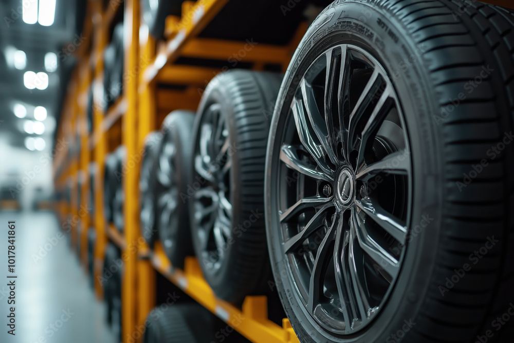Close-up of car wheels and tires on shelves in a warehouse, showcasing a variety of automotive rims and tires stored neatly in an organized setting. Close-up of car wheels and tires on shelves in a warehouse, showcasing a variety of automotive rims and tires stored neatly in an organized setting.