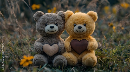 Two teddy bears holding hearts, sitting in a field of tall grass and yellow flowers.