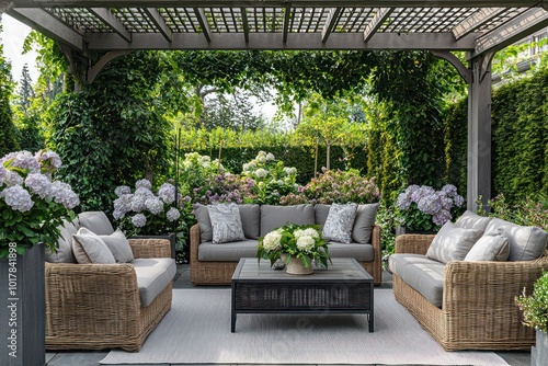 Comfortable outdoor seating under a pergola on a lush garden terrace.