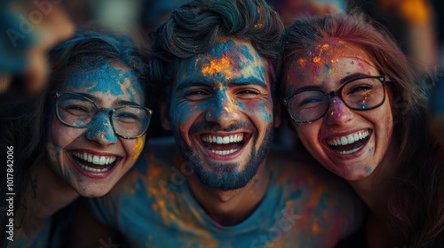 A group of friends laughing during Holi, brightly colored powders creating sharp contrast with the darker background