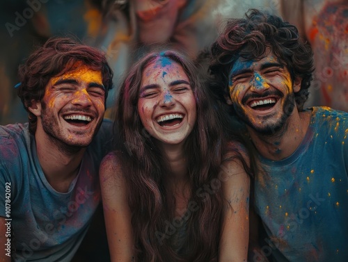 Three cheerful friends with bright, colorful paint on their faces, laughing together and enjoying a festive celebration outdoors.