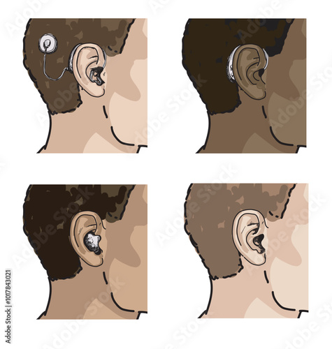 set of hearing aid ear different types device with different skin tones illustration on ear isolated colored on white background 