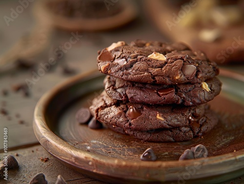 Close-up of Chocolate Chip Cookies Stacked on a Plate photo