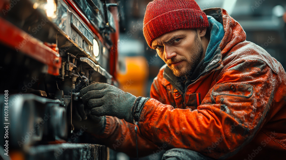 A mechanic repairs a truck's grill in a dimly lit workshop during winter, showcasing dedication to his craft A mechanic repairs a truck's grill in a dimly lit workshop during winter, showcasing dedication to his craft