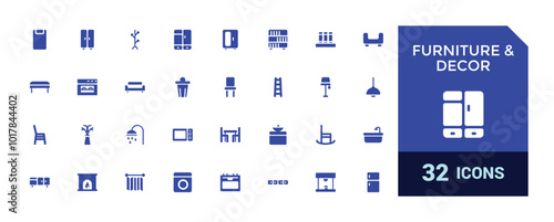 Furniture and decor solid icons set. Glyph icon collection for web and ui. Filled icon pack, Vector illustration. Editable and Pixel perfect.