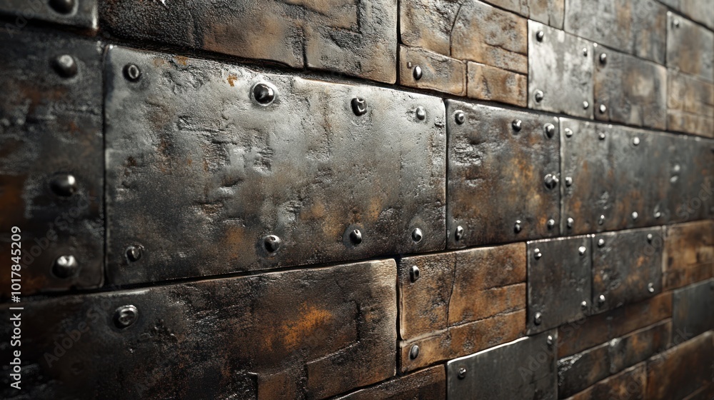 Brick wall with metallic accents - Featuring brick walls enhanced with metallic accents, such as embedded metal strips or decorative finishes, 