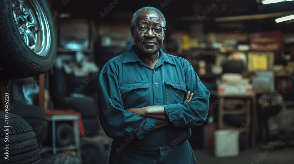 A tire shop owner stands proudly in his garage surrounded by various car tires in the heart of the city during daylight hours A tire shop owner stands proudly in his garage surrounded by various car tires in the heart of the city during daylight hours