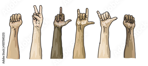  different types signs hands with different skin color people fight rock gesture linear realistic colored illustration on white background